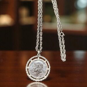 Vintage John F Kennedy 1974 Half Dollar Pendant Necklace Signed Revere Mfg